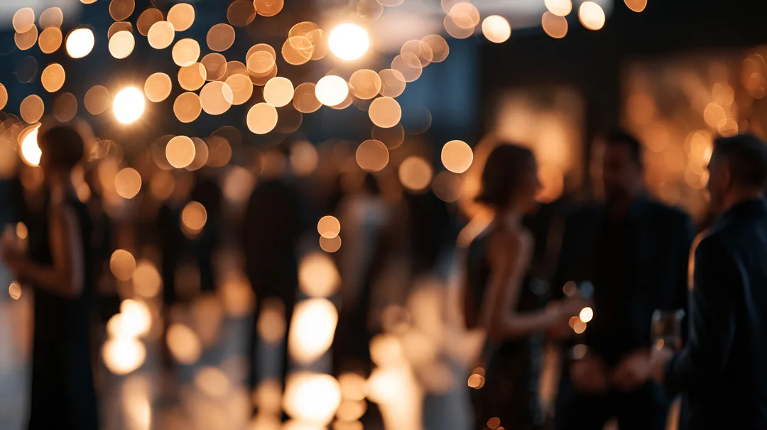 Warm lights and guests at an evening reception