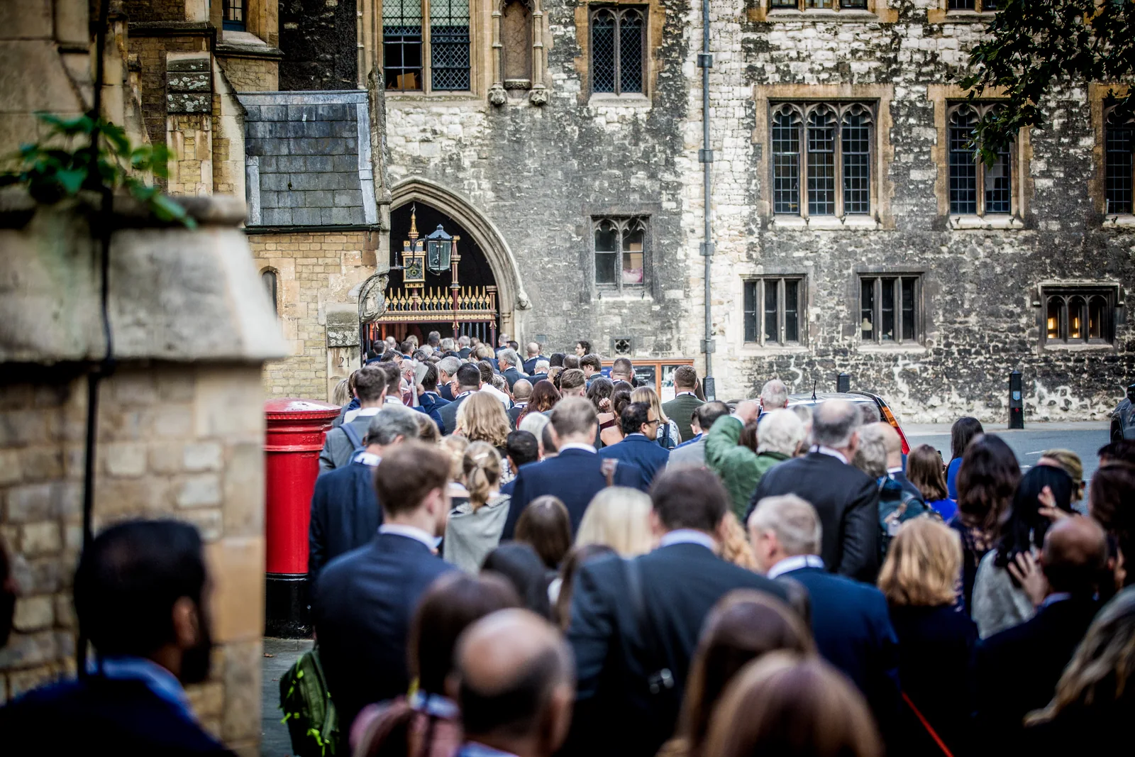 Guests gathered in a historic courtyard