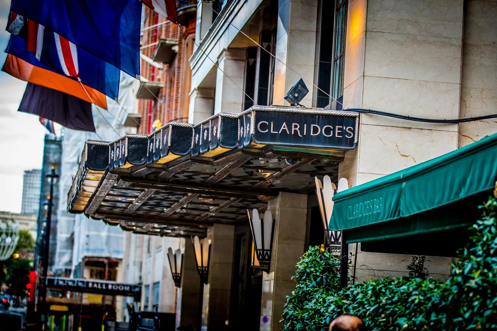 The entrance to Claridge’s dressed with flags
