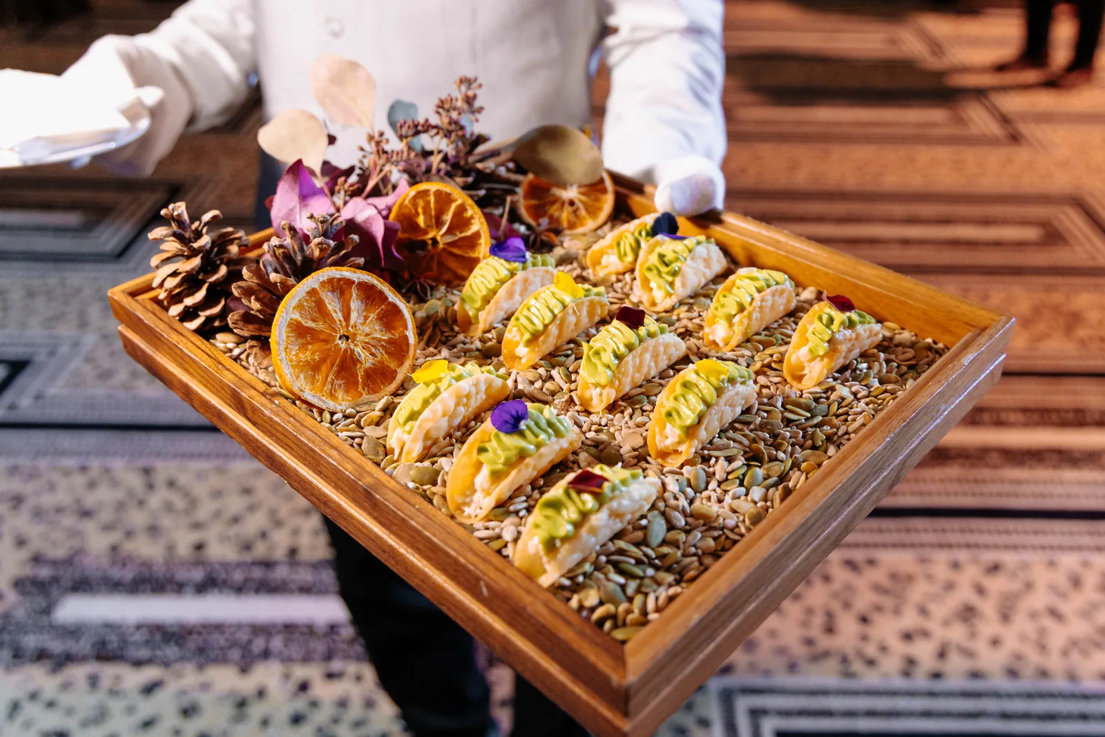 Carefully presented canapés ready for guests