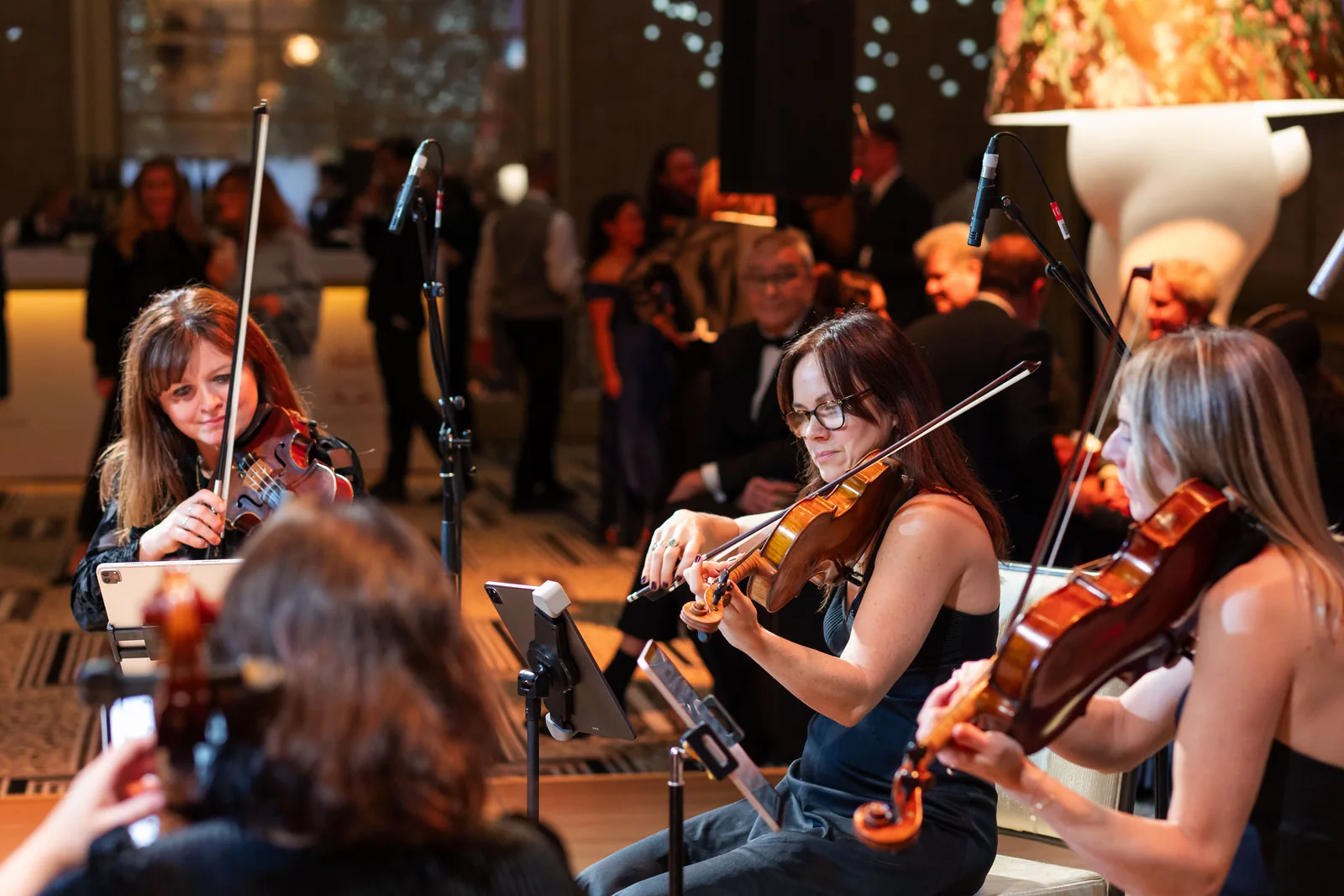 Live string musicians entertaining guests
