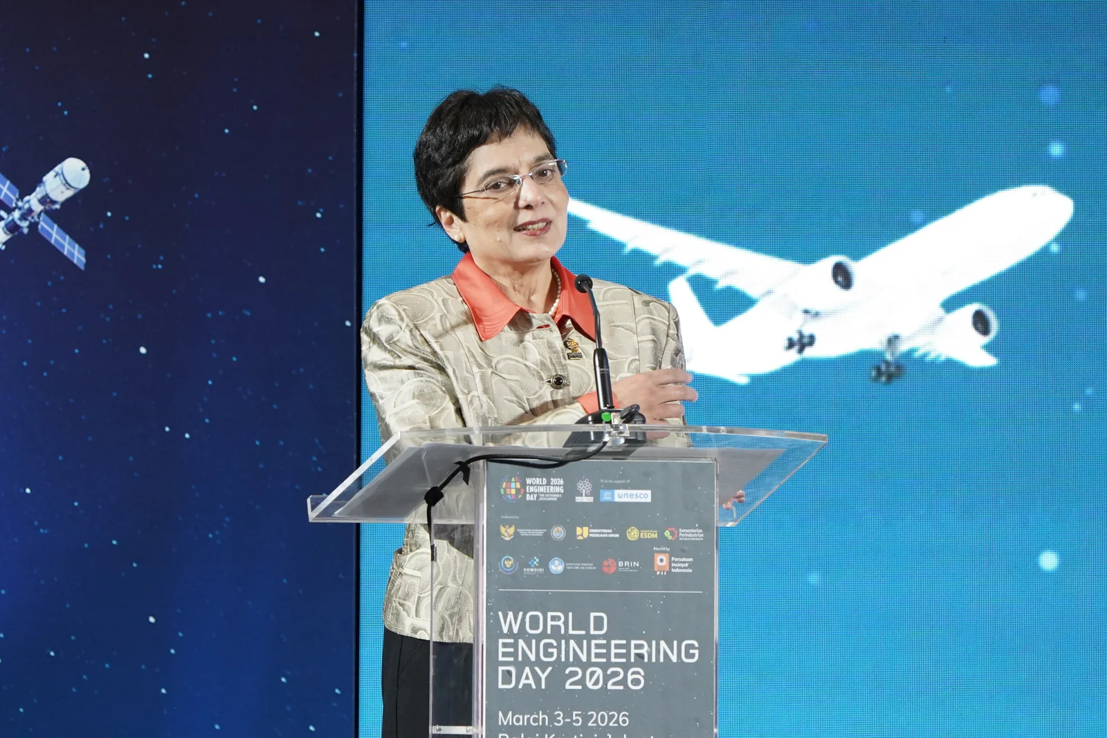 A speaker at the World Engineering Day lectern